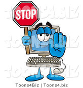 Illustration of a Cartoon Computer Mascot Holding a Stop Sign by Mascot Junction