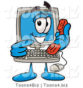 Illustration of a Cartoon Computer Mascot Holding a Telephone by Mascot Junction