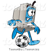 Illustration of a Cartoon Computer Mascot Kicking a Soccer Ball by Mascot Junction