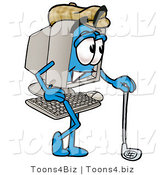 Illustration of a Cartoon Computer Mascot Leaning on a Golf Club While Golfing by Mascot Junction