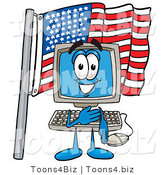 Illustration of a Cartoon Computer Mascot Pledging Allegiance to an American Flag by Mascot Junction