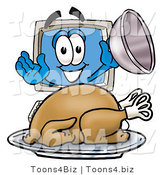 Illustration of a Cartoon Computer Mascot Serving a Thanksgiving Turkey on a Platter by Mascot Junction