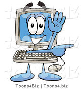 Illustration of a Cartoon Computer Mascot Waving and Pointing by Mascot Junction