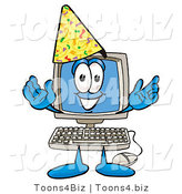 Illustration of a Cartoon Computer Mascot Wearing a Birthday Party Hat by Mascot Junction