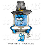 Illustration of a Cartoon Computer Mascot Wearing a Pilgrim Hat on Thanksgiving by Toons4Biz