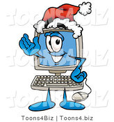 Illustration of a Cartoon Computer Mascot Wearing a Santa Hat and Waving by Mascot Junction