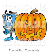 Illustration of a Cartoon Computer Mascot with a Carved Halloween Pumpkin by Mascot Junction