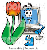 Illustration of a Cartoon Computer Mascot with a Red Tulip Flower in the Spring by Mascot Junction