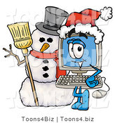 Illustration of a Cartoon Computer Mascot with a Snowman on Christmas by Mascot Junction