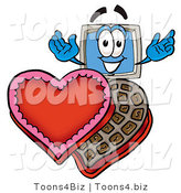 Illustration of a Cartoon Computer Mascot with an Open Box of Valentines Day Chocolate Candies by Mascot Junction