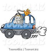 Illustration of a Cartoon Computer Mouse Mascot Driving a Blue Car and Waving by Mascot Junction