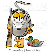 Illustration of a Cartoon Computer Mouse Mascot Duck Hunting, Standing with a Rifle and Duck by Toons4Biz