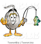 Illustration of a Cartoon Computer Mouse Mascot Holding a Fish on a Fishing Pole by Mascot Junction