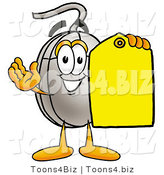 Illustration of a Cartoon Computer Mouse Mascot Holding a Yellow Sales Price Tag by Mascot Junction
