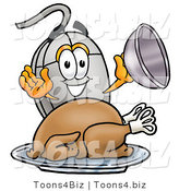 Illustration of a Cartoon Computer Mouse Mascot Serving a Thanksgiving Turkey on a Platter by Mascot Junction