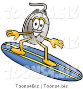 Illustration of a Cartoon Computer Mouse Mascot Surfing on a Blue and Yellow Surfboard by Toons4Biz