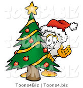 Illustration of a Cartoon Computer Mouse Mascot Waving and Standing by a Decorated Christmas Tree by Mascot Junction