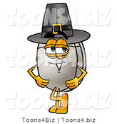 Illustration of a Cartoon Computer Mouse Mascot Wearing a Pilgrim Hat on Thanksgiving by Mascot Junction