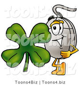 Illustration of a Cartoon Computer Mouse Mascot with a Green Four Leaf Clover on St Paddy's or St Patricks Day by Mascot Junction