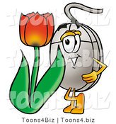 Illustration of a Cartoon Computer Mouse Mascot with a Red Tulip Flower in the Spring by Mascot Junction