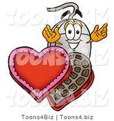 Illustration of a Cartoon Computer Mouse Mascot with an Open Box of Valentines Day Chocolate Candies by Mascot Junction