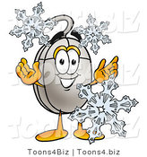 Illustration of a Cartoon Computer Mouse Mascot with Three Snowflakes in Winter by Toons4Biz