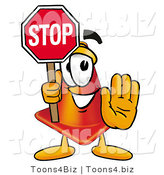 Illustration of a Cartoon Construction Safety Cone Mascot Holding a Stop Sign by Mascot Junction