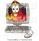 Illustration of a Cartoon Construction Safety Cone Mascot Waving from Inside a Computer Screen by Mascot Junction
