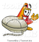 Illustration of a Cartoon Construction Safety Cone Mascot with a Computer Mouse by Toons4Biz