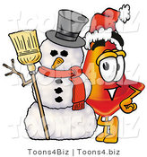 Illustration of a Cartoon Construction Safety Cone Mascot with a Snowman on Christmas by Mascot Junction