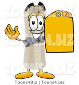 Illustration of a Cartoon Diploma Mascot Holding a Yellow Sales Price Tag by Mascot Junction