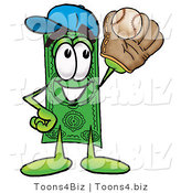 Illustration of a Cartoon Dollar Bill Mascot Catching a Baseball with a Glove by Mascot Junction