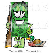 Illustration of a Cartoon Dollar Bill Mascot Duck Hunting, Standing with a Rifle and Duck by Mascot Junction