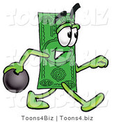 Illustration of a Cartoon Dollar Bill Mascot Holding a Bowling Ball by Mascot Junction