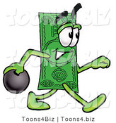 Illustration of a Cartoon Dollar Bill Mascot Holding a Bowling Ball by Toons4Biz