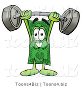 Illustration of a Cartoon Dollar Bill Mascot Holding a Heavy Barbell Above His Head by Mascot Junction