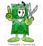 Illustration of a Cartoon Dollar Bill Mascot Holding a Pair of Scissors by Mascot Junction