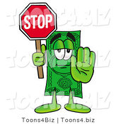 Illustration of a Cartoon Dollar Bill Mascot Holding a Stop Sign by Mascot Junction