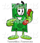 Illustration of a Cartoon Dollar Bill Mascot Holding a Telephone by Mascot Junction