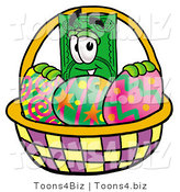 Illustration of a Cartoon Dollar Bill Mascot in an Easter Basket Full of Decorated Easter Eggs by Mascot Junction