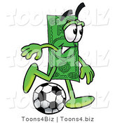 Illustration of a Cartoon Dollar Bill Mascot Kicking a Soccer Ball by Mascot Junction