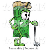 Illustration of a Cartoon Dollar Bill Mascot Leaning on a Golf Club While Golfing by Mascot Junction