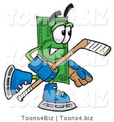 Illustration of a Cartoon Dollar Bill Mascot Playing Ice Hockey by Mascot Junction