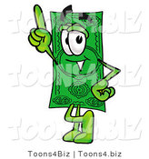 Illustration of a Cartoon Dollar Bill Mascot Pointing Upwards by Mascot Junction