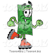 Illustration of a Cartoon Dollar Bill Mascot Roller Blading on Inline Skates by Mascot Junction