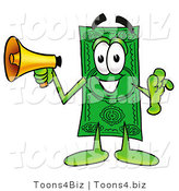 Illustration of a Cartoon Dollar Bill Mascot Screaming into a Megaphone by Mascot Junction