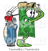 Illustration of a Cartoon Dollar Bill Mascot Swinging His Golf Club While Golfing by Mascot Junction