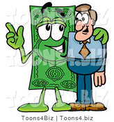 Illustration of a Cartoon Dollar Bill Mascot Talking to a Business Man by Mascot Junction
