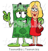 Illustration of a Cartoon Dollar Bill Mascot Talking to a Pretty Blond Woman by Mascot Junction