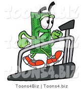 Illustration of a Cartoon Dollar Bill Mascot Walking on a Treadmill in a Fitness Gym by Mascot Junction